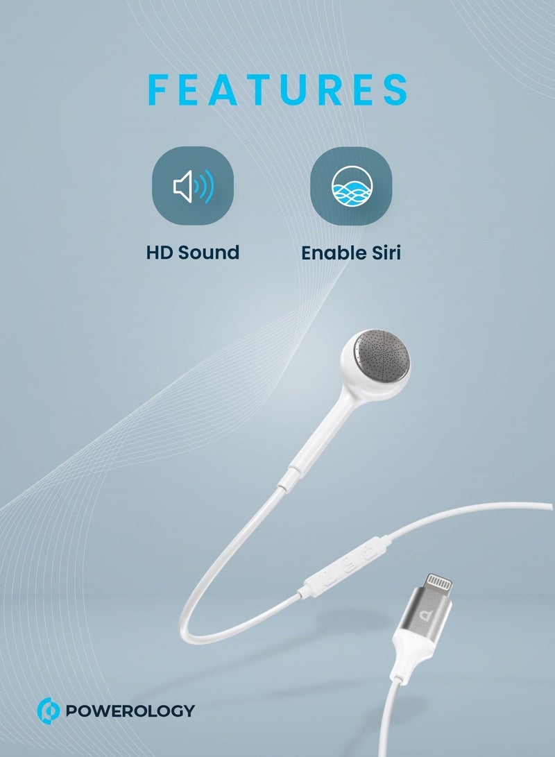 Mono Earphone with Lightning Connector 1.2M HD Sound / High-Clarity Audio & Active In-Line Control Buttons / Siri Enabled / Compatible to All Apple Lightning Devices - White
