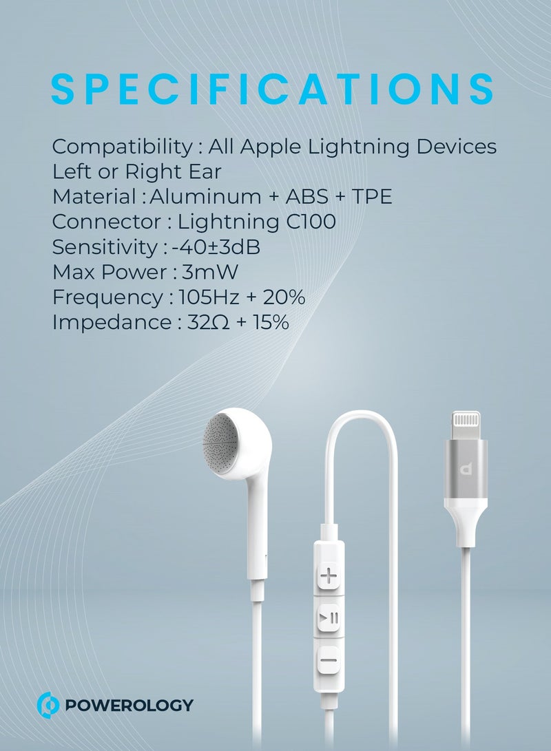 Mono Earphone with Lightning Connector 1.2M HD Sound / High-Clarity Audio & Active In-Line Control Buttons / Siri Enabled / Compatible to All Apple Lightning Devices - White