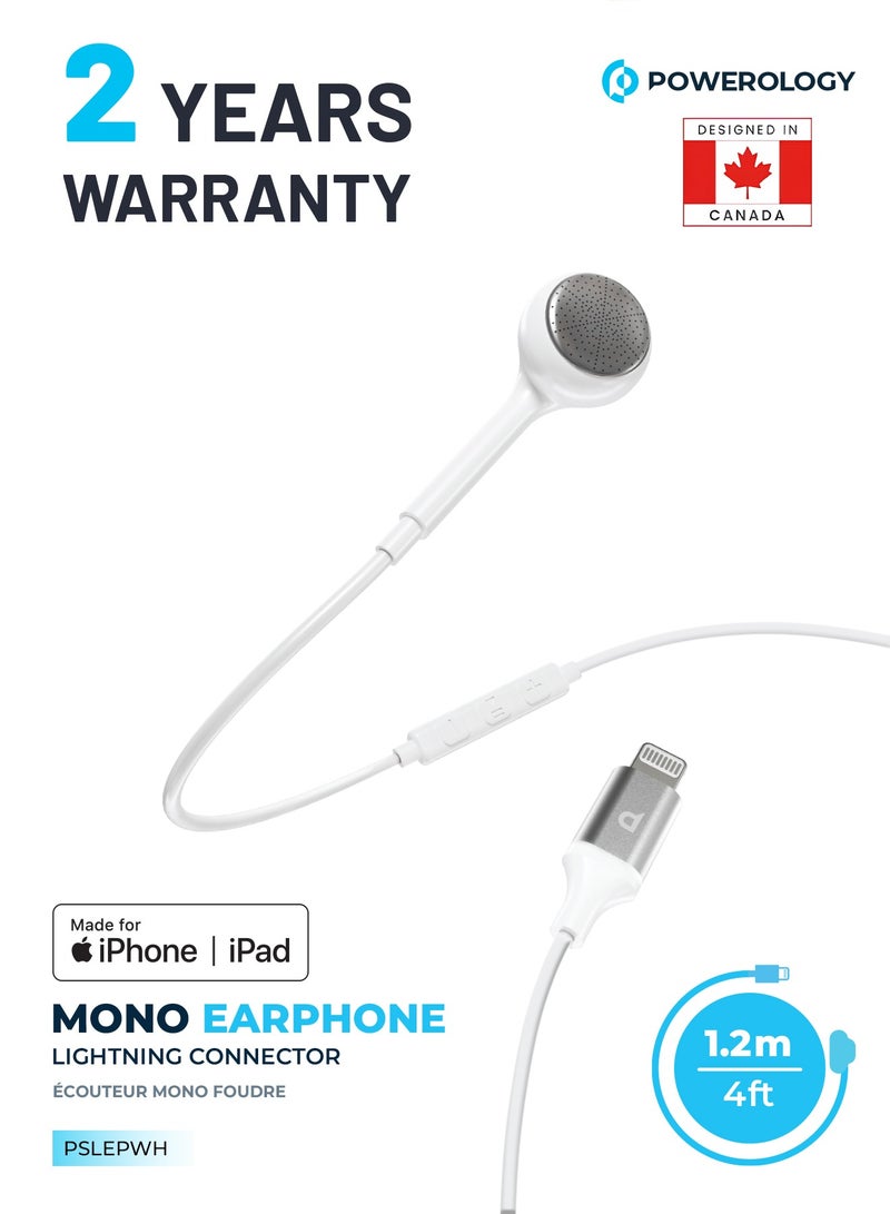 Mono Earphone with Lightning Connector 1.2M HD Sound / High-Clarity Audio & Active In-Line Control Buttons / Siri Enabled / Compatible to All Apple Lightning Devices - White