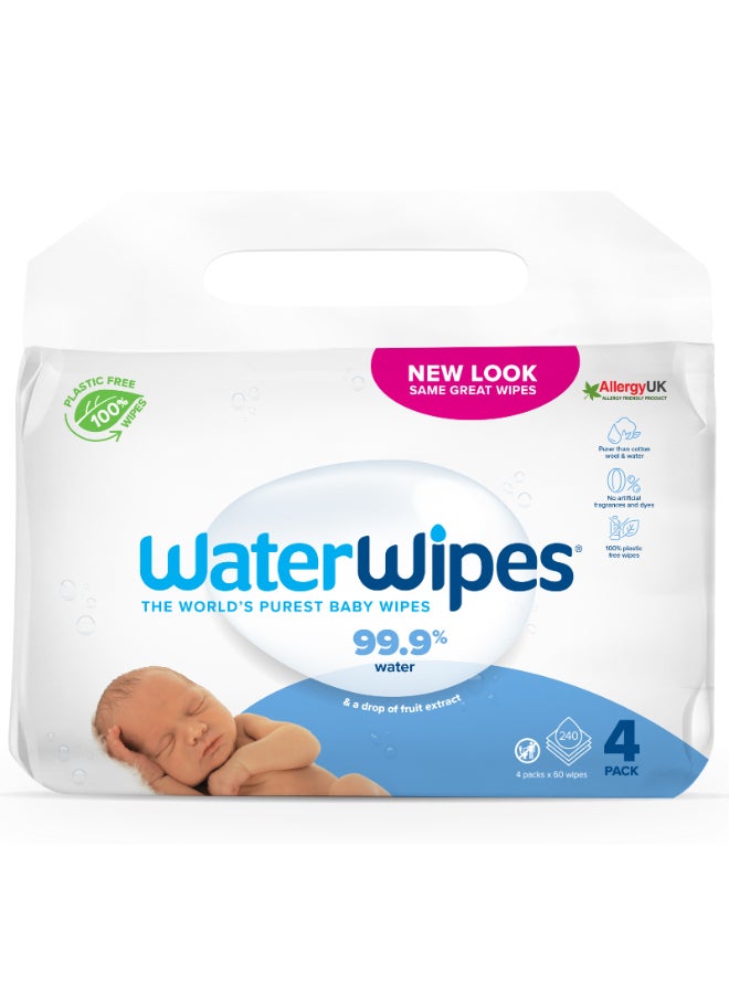 Original Plastic Free Baby Wipes, 240 Wet Wipes, 99.9% Water Based And Unscented For Sensitive Skin Pack of 4