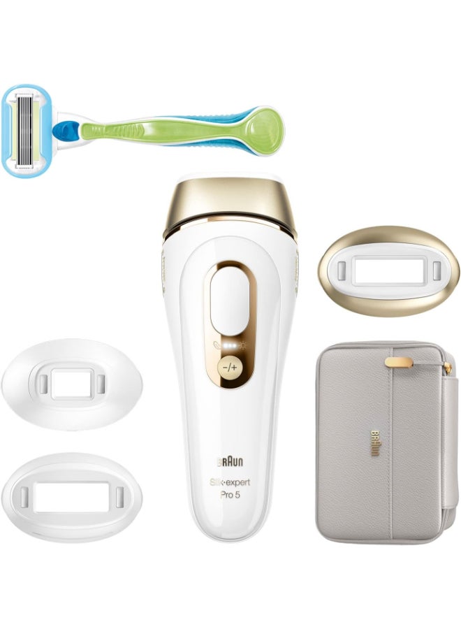 Silk-expert Pro 5 PL5257 IPL with 4 extras: wide head, precision head, Venus razor, soft pouch White/Gold