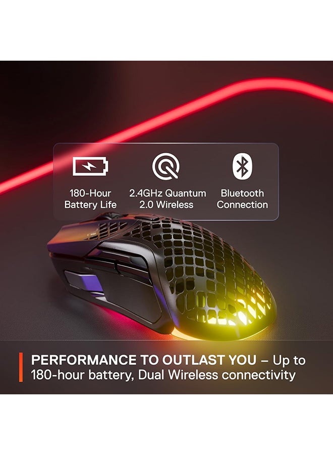 Aerox 5 Wireless Mouse, 40G Acceleration, 18000 in 100 CPI Increments, Ultra Lightweight, 3 RGB Zones, IP54 Switches with Over 80M Click, Bluetooth 5.0, 180H Battery Life, Black | 62406