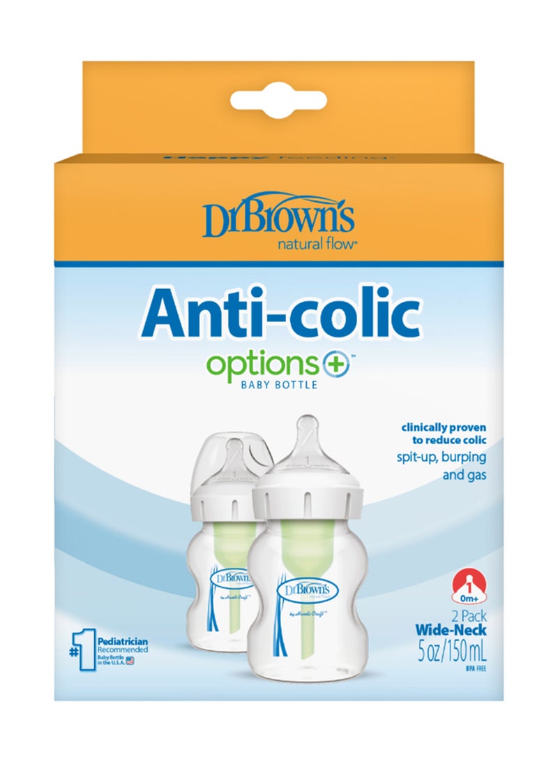 Pack Of 2 Baby Anti-Colic PP Options+ Wide Neck Feeding Bottle, 2 X 150 ML, Level 1 Teat, 0 Months +