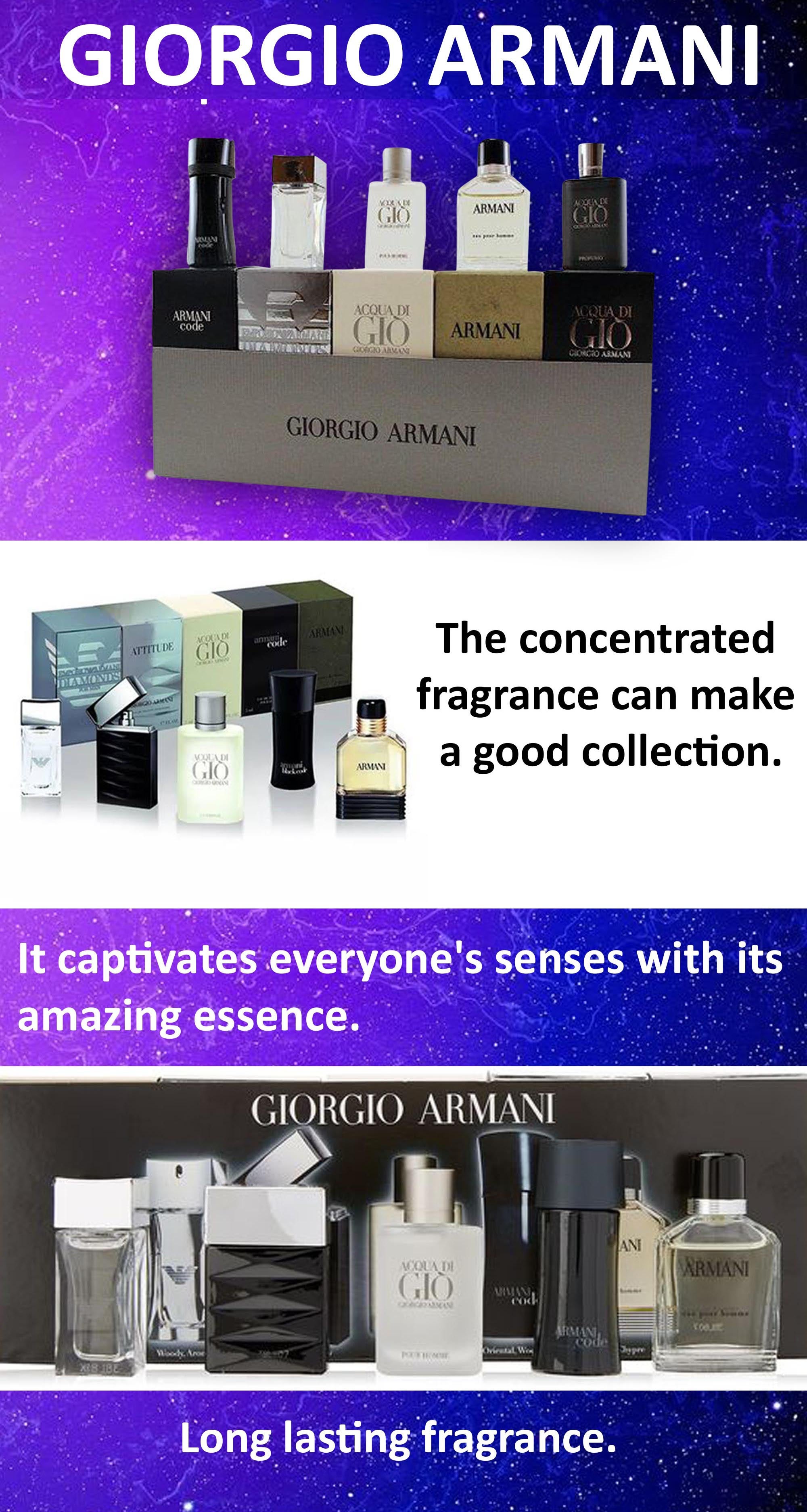 Set of 5 Mini Perfumes Armani Code 4, Armani Diamonds 4, Armani Acqua Di Gio 5,  Profumo 5, Armani Green 7ml