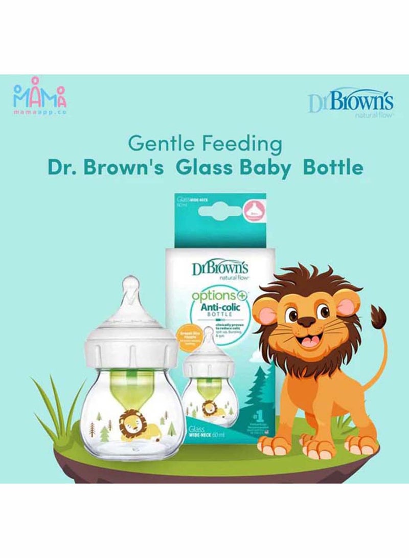 Glass W-N Anti-Colic Options+ Bottle With Lion Deco With Preemie Nipple, 2 Oz/60 Ml, 1-Pack