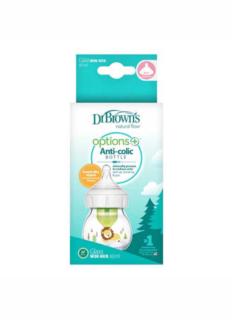 Glass W-N Anti-Colic Options+ Bottle With Lion Deco With Preemie Nipple, 2 Oz/60 Ml, 1-Pack