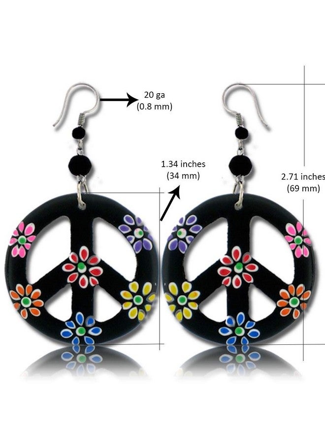 Peace Sign Dangle Earrings With Organic Wood Earring Hippie Accessories And Hippie Costume For 60S Or 70S