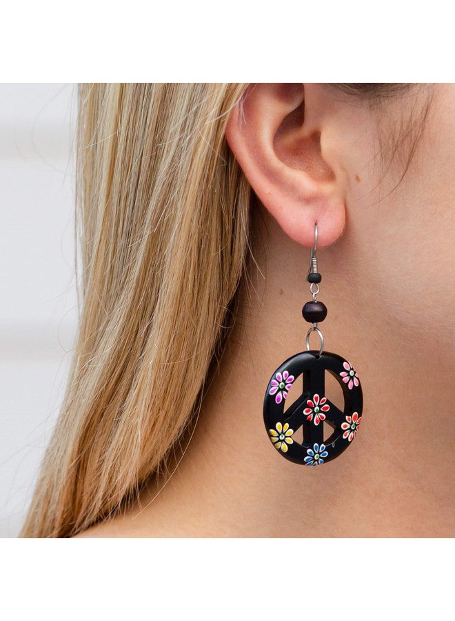 Peace Sign Dangle Earrings With Organic Wood Earring Hippie Accessories And Hippie Costume For 60S Or 70S