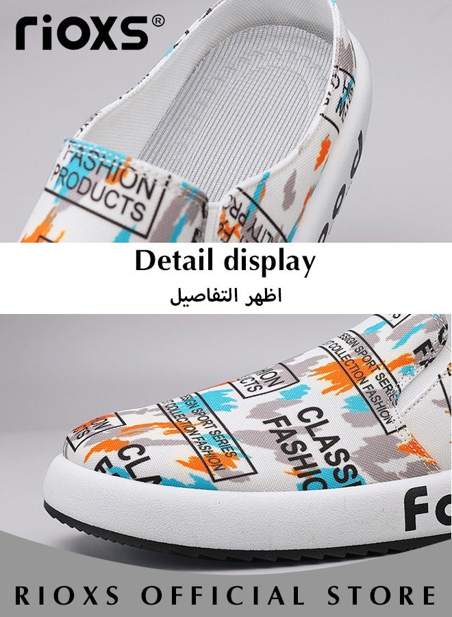 Men's Fashion Summer Letter Graffiti Canvas Slippers Breathable Casual Closed Toes Shoes Soft Insole Slip On Shoes