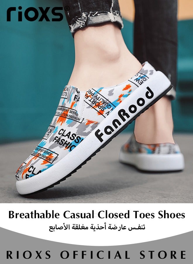 Men's Fashion Summer Letter Graffiti Canvas Slippers Breathable Casual Closed Toes Shoes Soft Insole Slip On Shoes