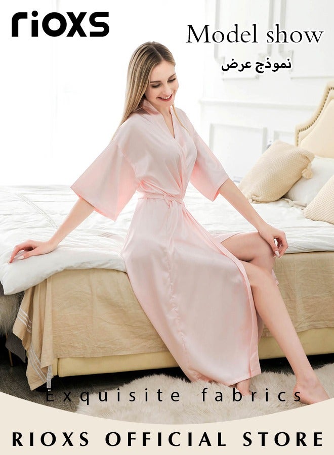 Women's Silky Robe Lightweight Kimono Bathrobe Long Belted Robes Soft Loungewear Robes