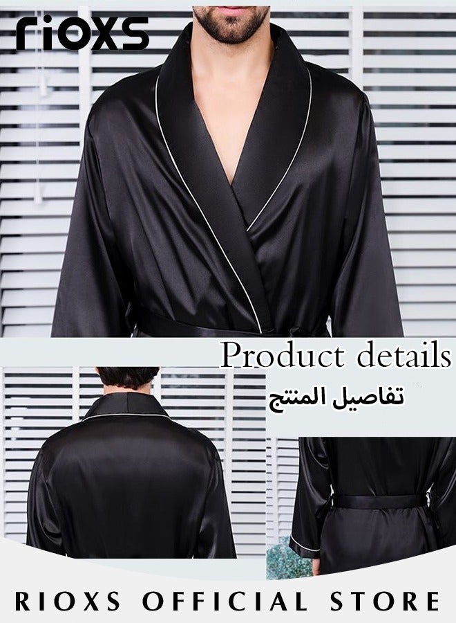 Men's Satin Robe Silk Long Sleeve Solid Lightweight Kimono Bathrobe Long Bathrobe Sleepwear Loungewear