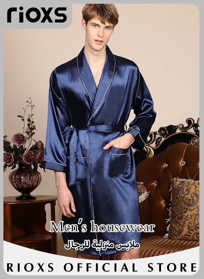 Men's Satin Robe Silk Long Sleeve Solid Lightweight Kimono Bathrobe Long Bathrobe Sleepwear Loungewear