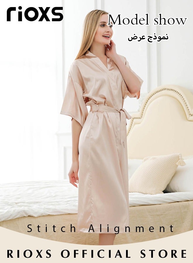 Women's Silky Robe Lightweight Kimono Bathrobe Long Belted Robes Soft Loungewear Robes