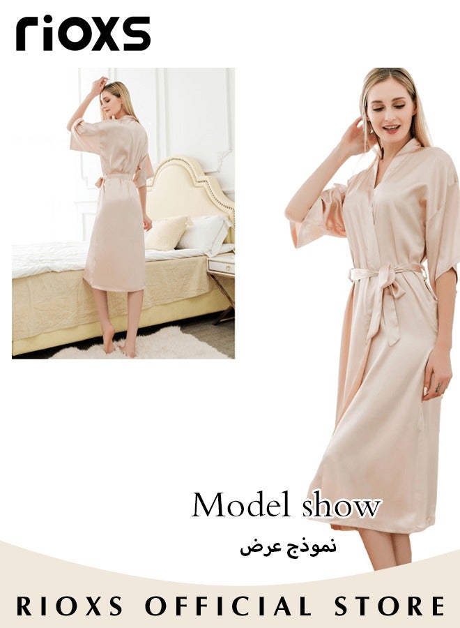 Women's Silky Robe Lightweight Kimono Bathrobe Long Belted Robes Soft Loungewear Robes