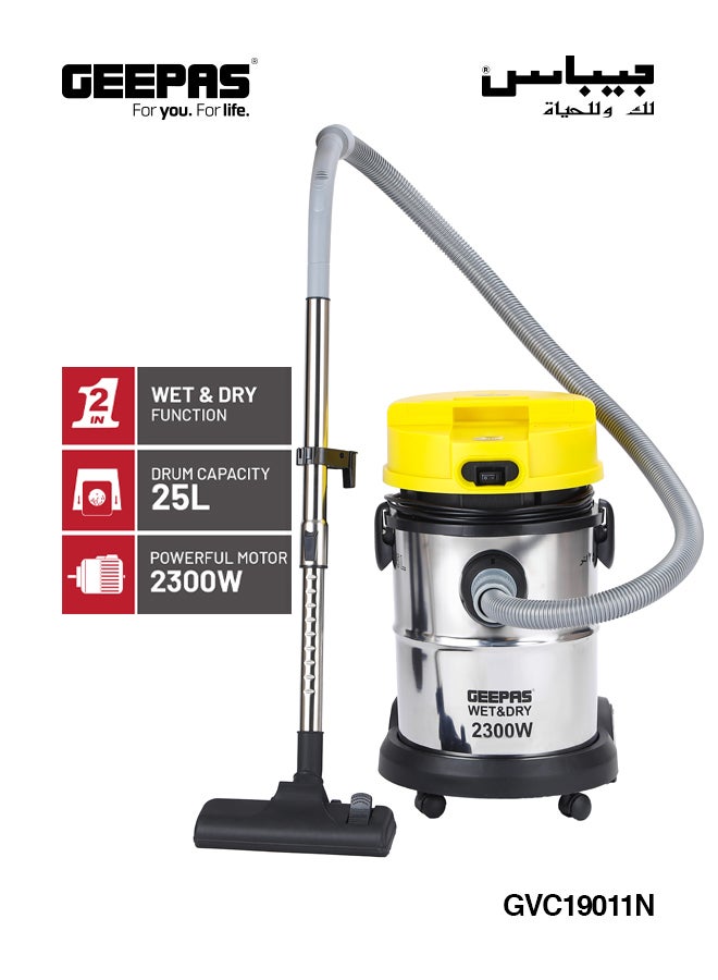 Wet and Dry Stainless Steel Vacuum Cleaner with Elegant Body, Adjustable Suction on Handle / Power Rating : AC 220 – 240 (50/60 Hz) 25 L 2300 W GVC19011N Silver/Black/Yellow