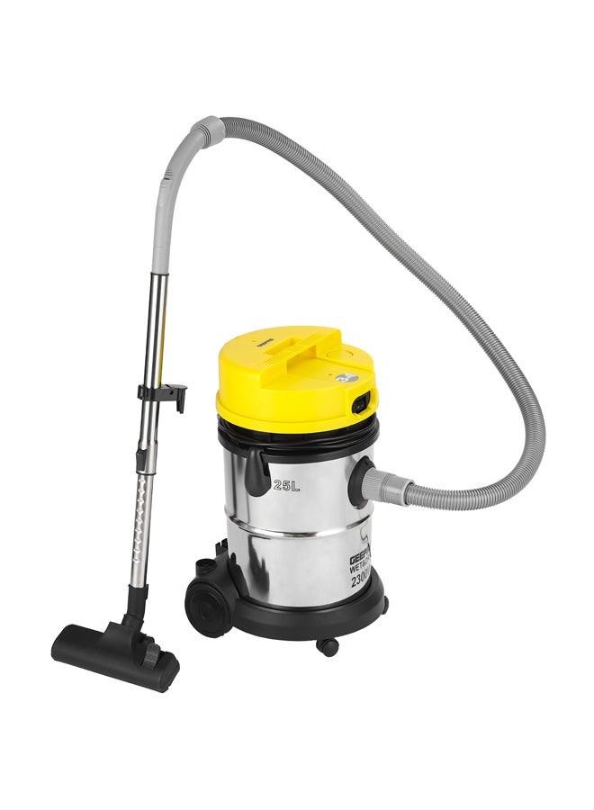 Wet and Dry Stainless Steel Vacuum Cleaner with Elegant Body, Adjustable Suction on Handle / Power Rating : AC 220 – 240 (50/60 Hz) 25 L 2300 W GVC19011N Silver/Black/Yellow
