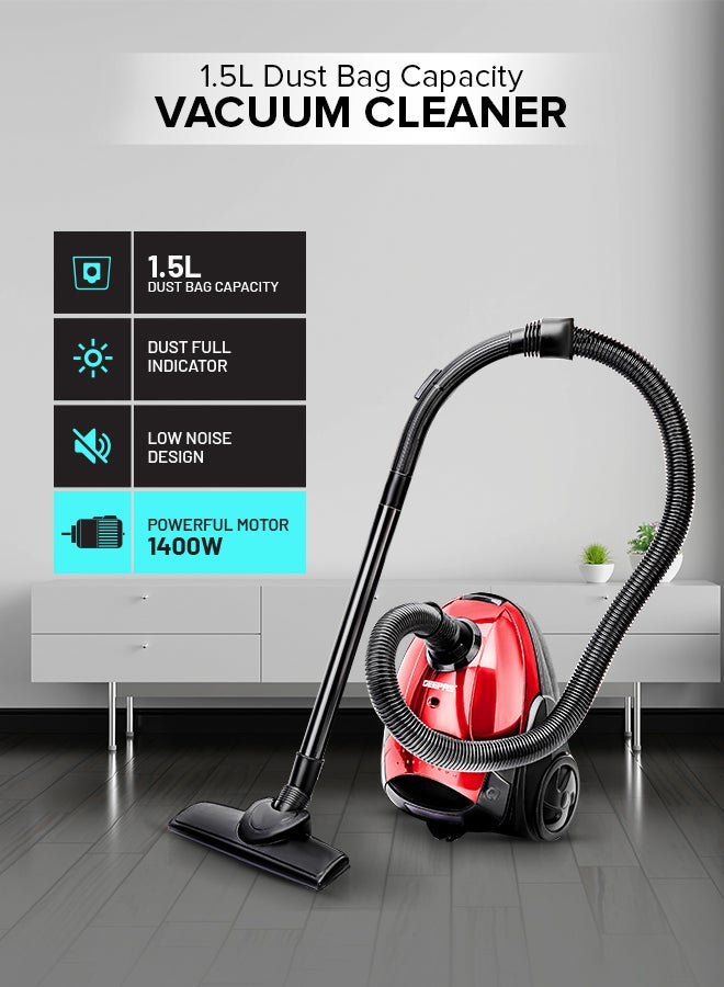 Vacuum Cleaner With Powerful Suction, Low Noise Design, Dust Full Indicator, Flexible Hose With Air Flow On Handle, Plastic Insert Tube, Dustbag 1.5L, Pedal Switch And Auto Rewinding Wire 1.5 L 1400 W GVC2595 Red/Black