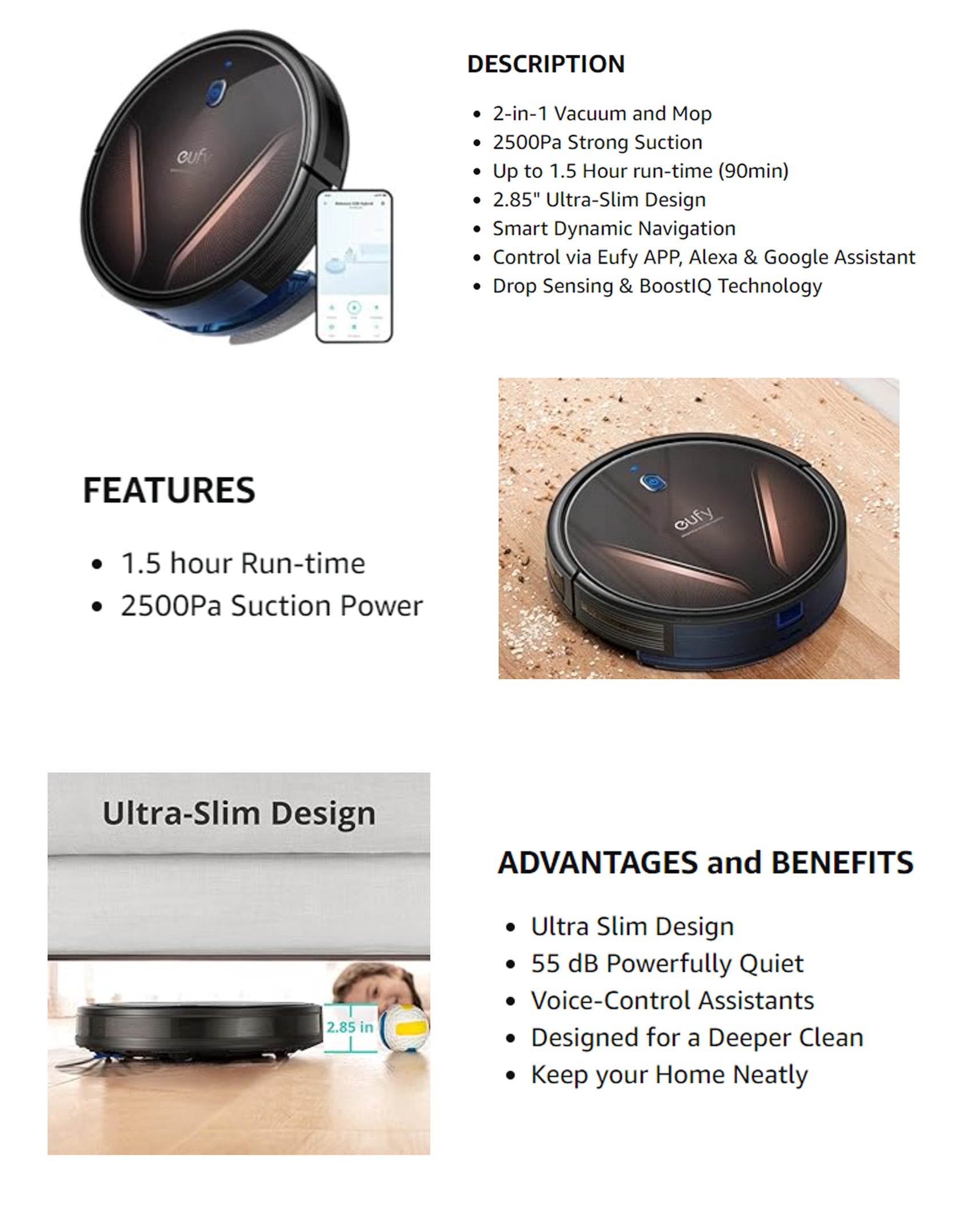 RoboVac G20 Hybrid Robot Vacuum Cleaner With Mop, Dynamic Navigation, 2500 Pa Strong Suction, 2-In-1 Vacuum and Mop, Ultra-Slim, App, Voice Control, Compatible With Alexa, Ideal For Daily Messes 450 ml 14 W AN.T2258K11.BK Black