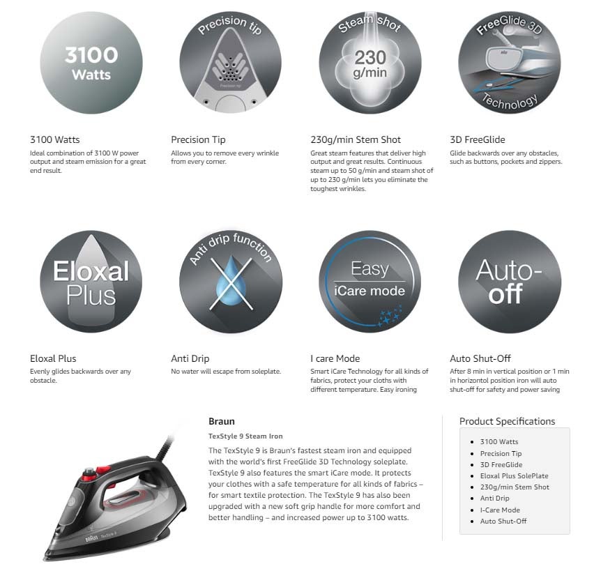 Steam Iron, EloxalPlus Free Glid Soleplate, iCare Technology, 230g Steam Shot per Minute, Anti Drip, Self Cleaning, Anti Calc, 330 ml 3100 W SI9281BK Black