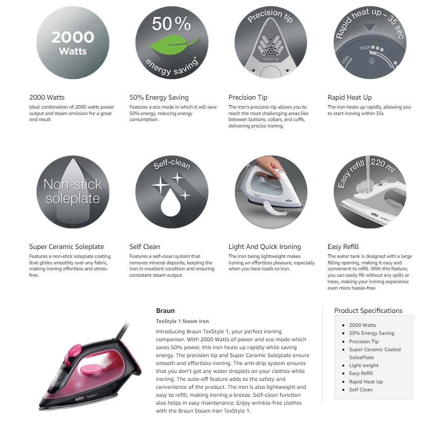 Steam Iron, 25 Steam rate/130g Steam Shot per Minute, Super Ceramic Soleplate, Self Clean, Anti Drip, Water Spray, 50% Energy Saving, Auto Off, 220 ml 2000 W SI 1070 Pink & Black