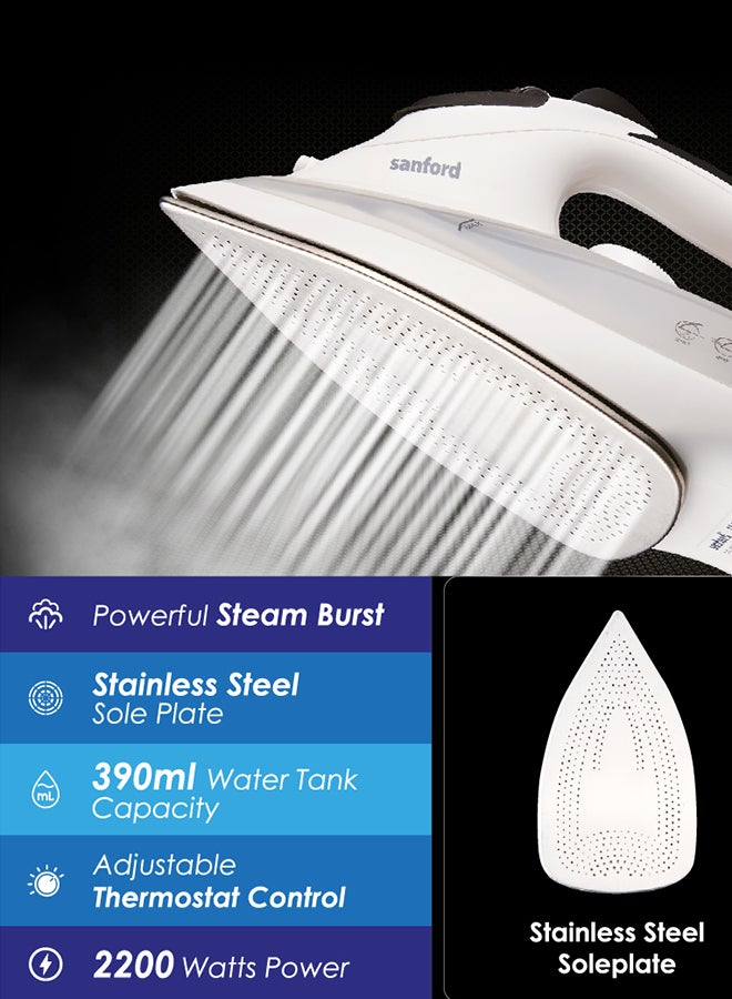 Steam Iron with Burst Steam,Spray,Dry, Removes Wrinkles, Auto Clean Function, 2 yrs Warranty 390 ml 2200 W SF47SI White