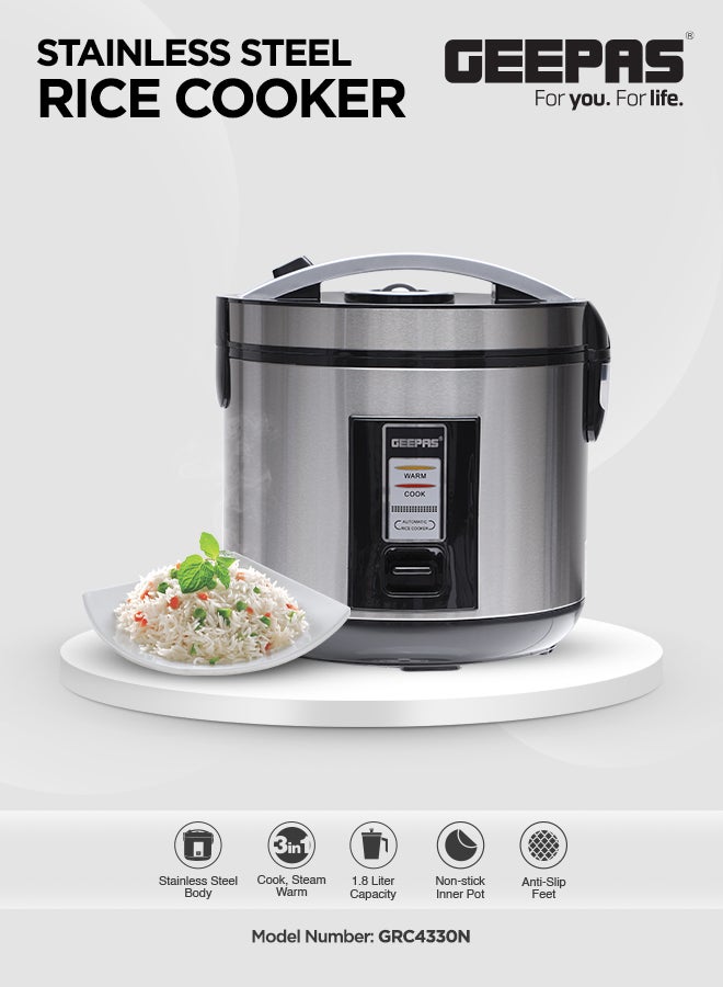 Automatic Rice Cooker With Non Stick Inner Pot, Stainless Steel Body And Plastic Steamer, Cook/Steam/Keep Warm Functions 1.8 L 762 W GRC4330N Silver/Black