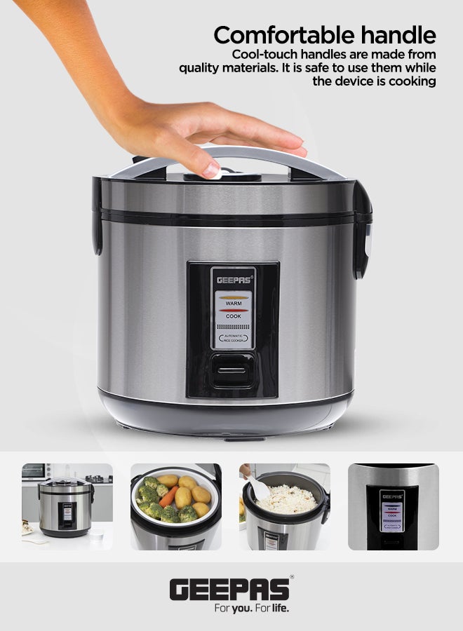 Automatic Rice Cooker With Non Stick Inner Pot, Stainless Steel Body And Plastic Steamer, Cook/Steam/Keep Warm Functions 1.8 L 762 W GRC4330N Silver/Black