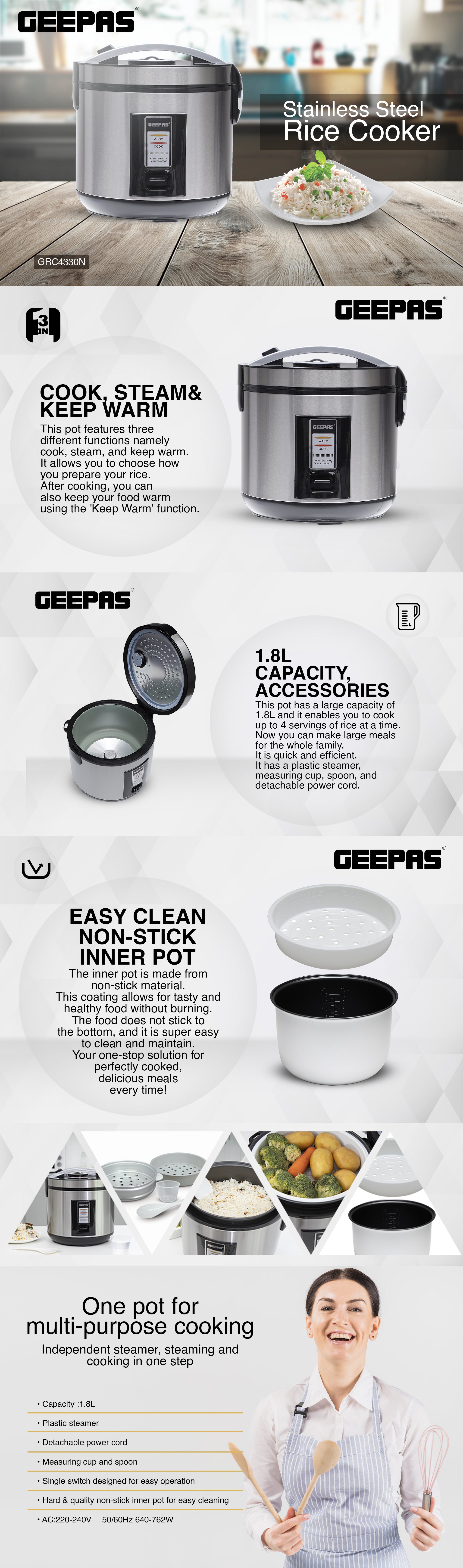 Automatic Rice Cooker With Non Stick Inner Pot, Stainless Steel Body And Plastic Steamer, Cook/Steam/Keep Warm Functions 1.8 L 762 W GRC4330N Silver/Black