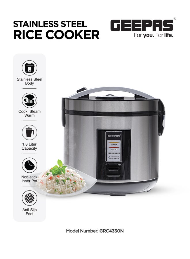 Automatic Rice Cooker With Non Stick Inner Pot, Stainless Steel Body And Plastic Steamer, Cook/Steam/Keep Warm Functions 1.8 L 762 W GRC4330N Silver/Black