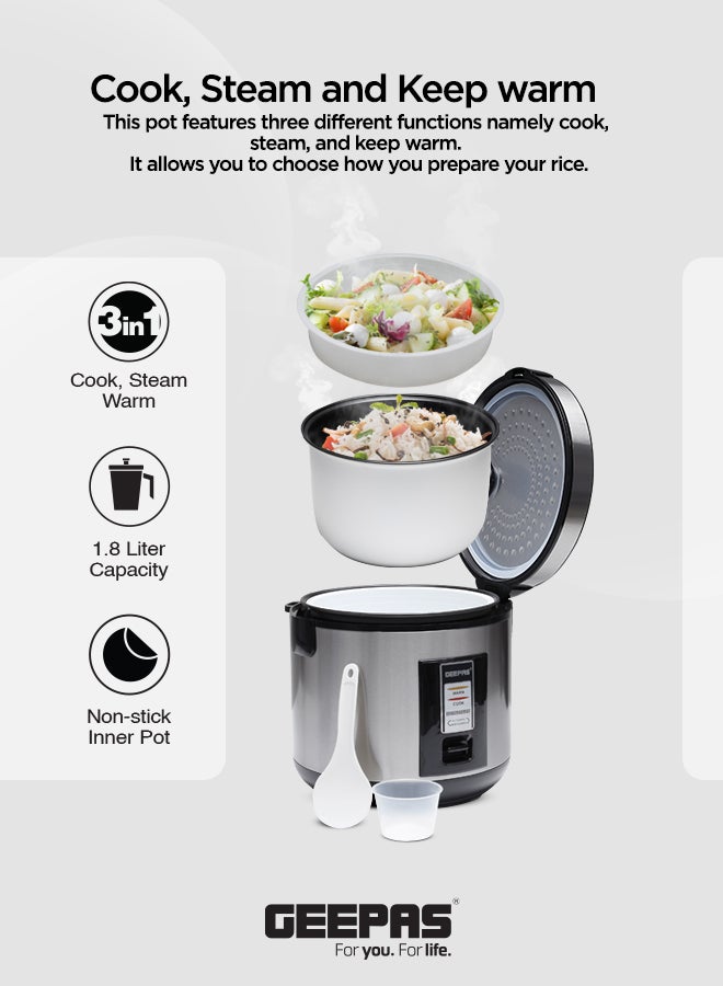 Automatic Rice Cooker With Non Stick Inner Pot, Stainless Steel Body And Plastic Steamer, Cook/Steam/Keep Warm Functions 1.8 L 762 W GRC4330N Silver/Black