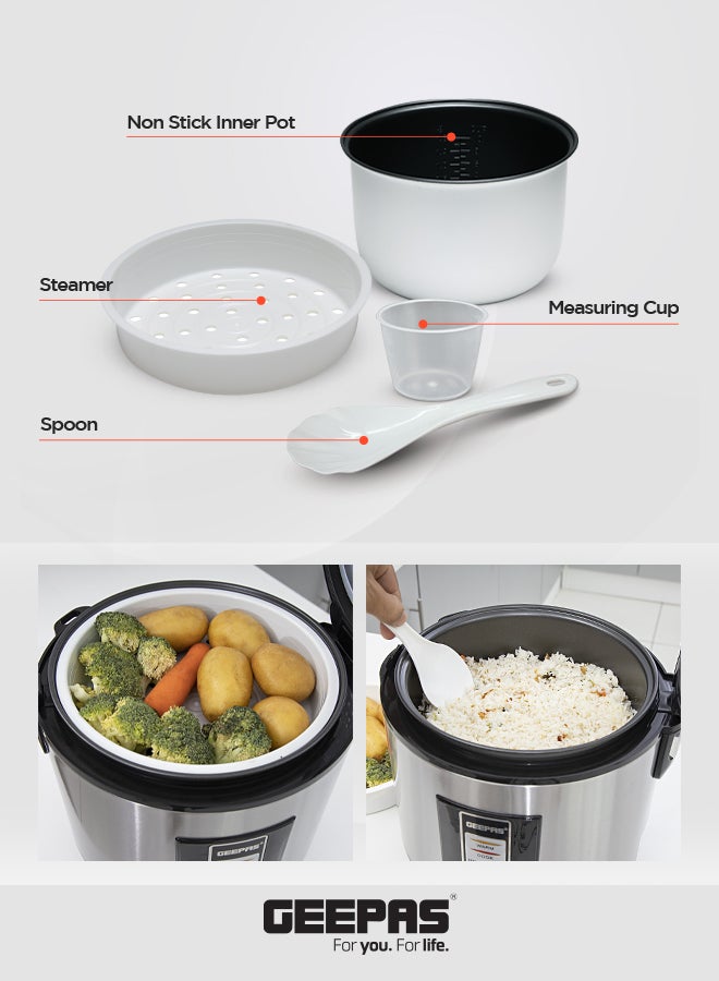 Automatic Rice Cooker With Non Stick Inner Pot, Stainless Steel Body And Plastic Steamer, Cook/Steam/Keep Warm Functions 1.8 L 762 W GRC4330N Silver/Black