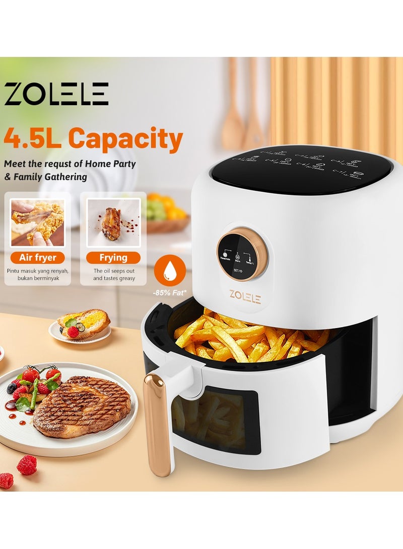 Digital Air Fryer 4.5L Capacity Non-Stick Coating Use No Oil Air Fry  Roast Bake Reheat Fried Basket Knob Control Temperature  Automatic Power Off 1400W Power ZA004 - White