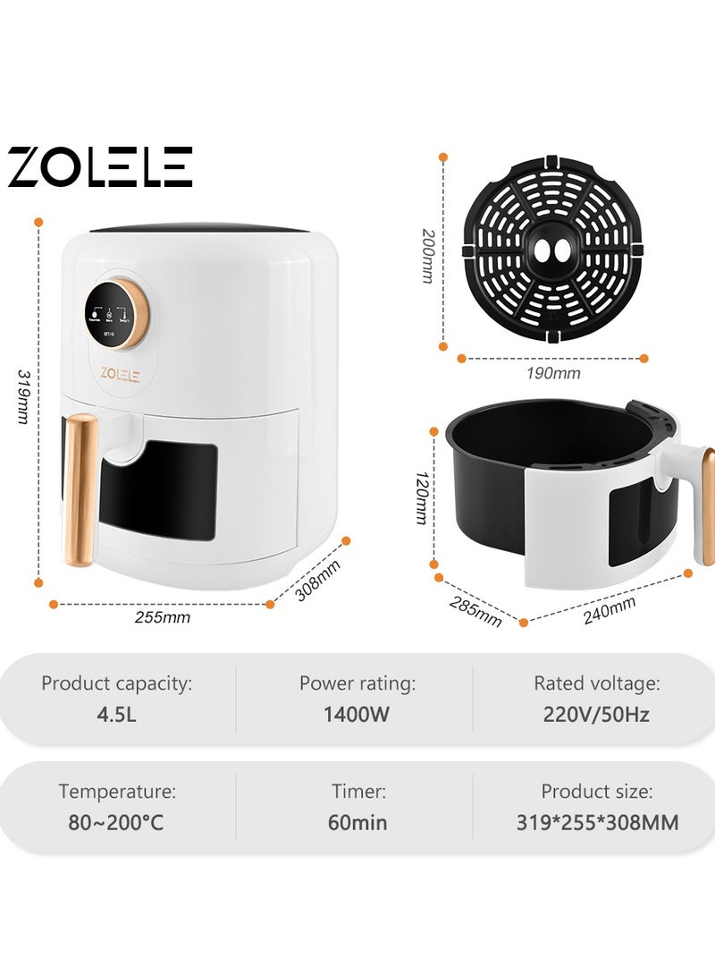 Digital Air Fryer 4.5L Capacity Non-Stick Coating Use No Oil Air Fry  Roast Bake Reheat Fried Basket Knob Control Temperature  Automatic Power Off 1400W Power ZA004 - White