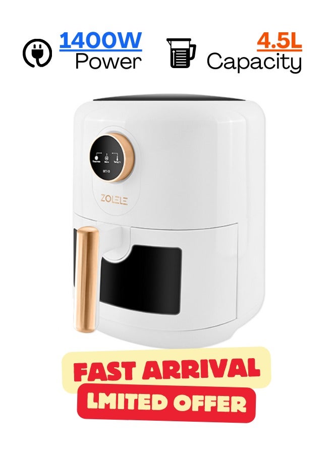 Digital Air Fryer 4.5L Capacity Non-Stick Coating Use No Oil Air Fry  Roast Bake Reheat Fried Basket Knob Control Temperature  Automatic Power Off 1400W Power ZA004 - White