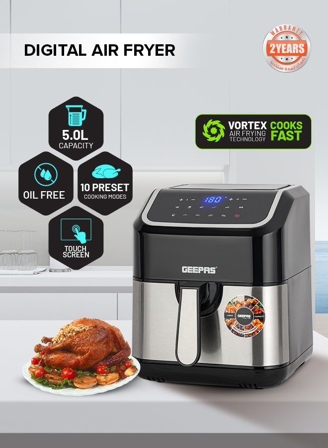 Digital Air Fryer 5 L Equipped With Vortx Air Frying Technology| Oil Free Cooking  Digital Display With Touch Screen| 10 Preset Cooking Modes, 1-60 Minutes Timer| Ideal For Making Fries, Steak, Chicken, Cake, Meat, Bread Etc 5 L 1600 W GAF37527 Black