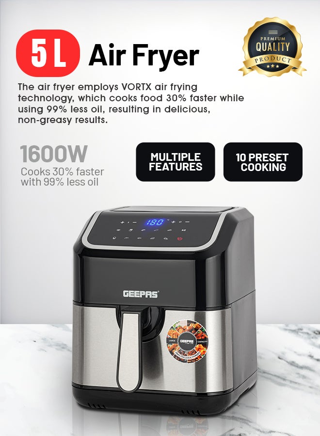 Digital Air Fryer 5 L Equipped With Vortx Air Frying Technology| Oil Free Cooking  Digital Display With Touch Screen| 10 Preset Cooking Modes, 1-60 Minutes Timer| Ideal For Making Fries, Steak, Chicken, Cake, Meat, Bread Etc 5 L 1600 W GAF37527 Black