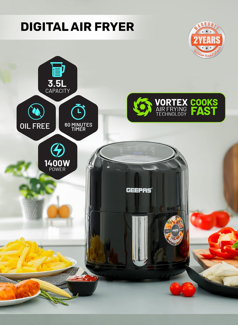 Digital Air Fryer With 3.5 L Capacity |Vortx Air Frying Technology | Led Display With Touch Screen| Oil Free 10 Preset Cooking Programs| 1-60 Mins Timer 50-200 Degree Temperature 3.5 L 1400 W GAF37512 Black