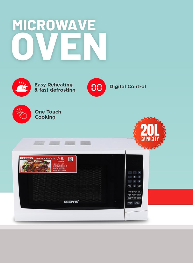 Digital Microwave Oven with Adjustable temperature and Timer function Reheating and Defrost function  Child lock  Digital controls 20 L 1200 W GMO1895-20LD White