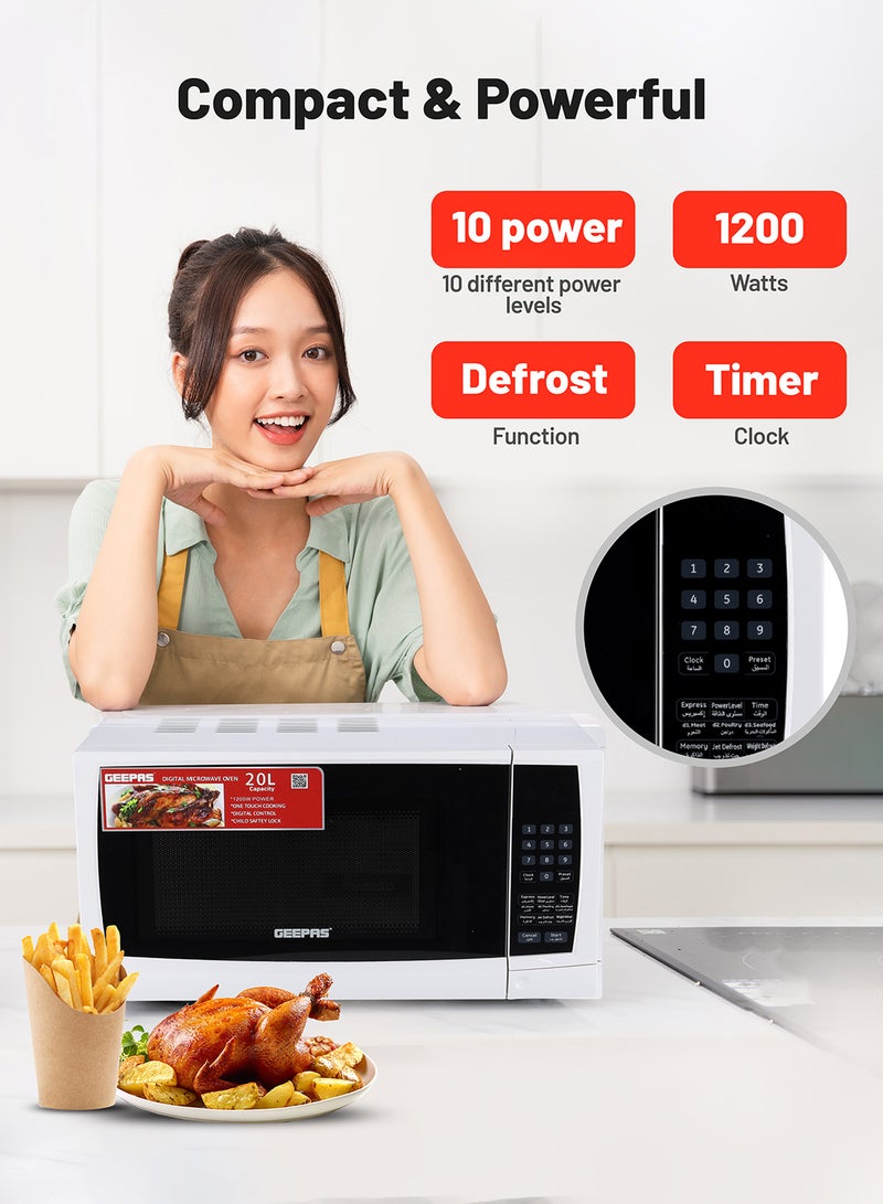 Digital Microwave Oven with Adjustable temperature and Timer function Reheating and Defrost function  Child lock  Digital controls 20 L 1200 W GMO1895-20LD White