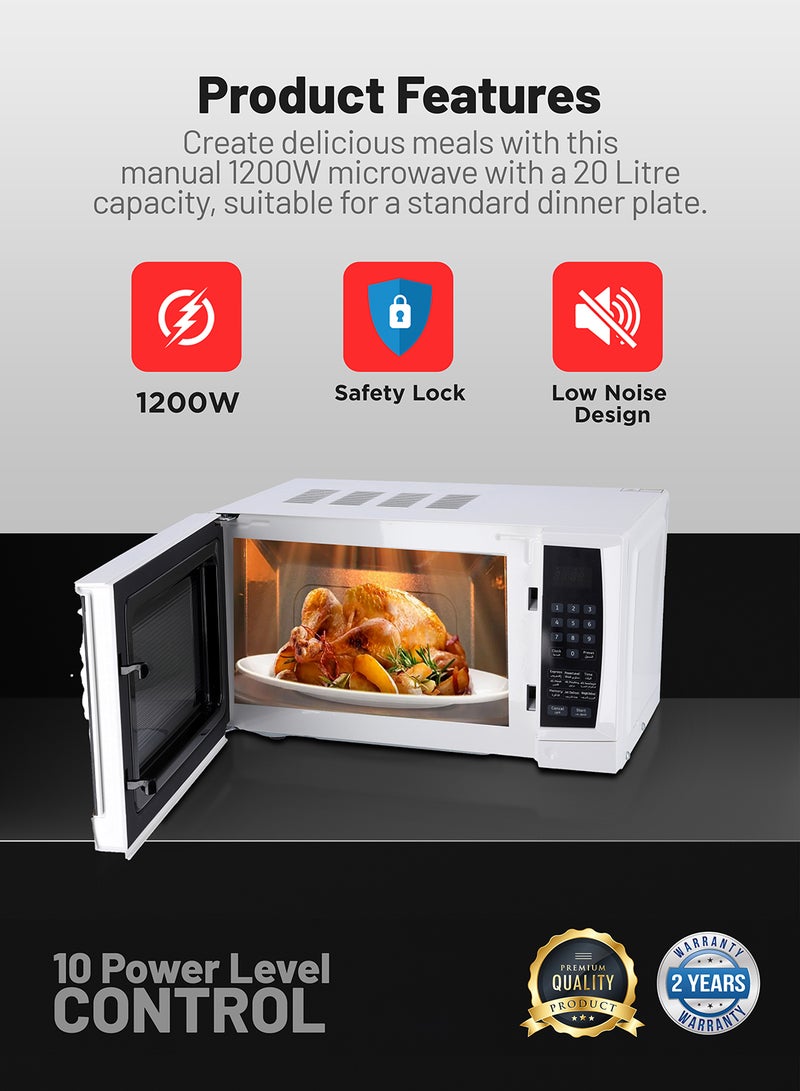 Digital Microwave Oven with Adjustable temperature and Timer function Reheating and Defrost function  Child lock  Digital controls 20 L 1200 W GMO1895-20LD White