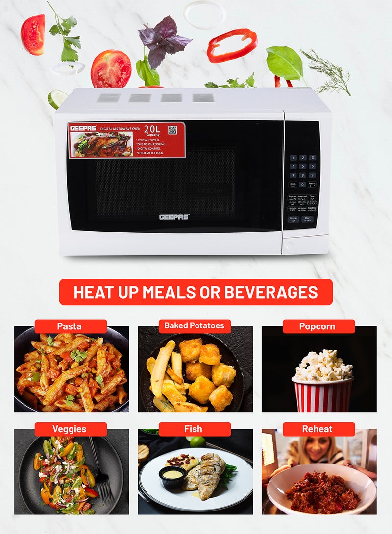 Digital Microwave Oven with Adjustable temperature and Timer function Reheating and Defrost function  Child lock  Digital controls 20 L 1200 W GMO1895-20LD White