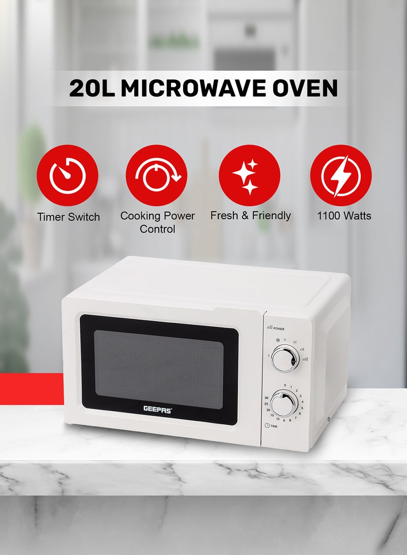 Microwave Oven with 5 Power Levels - Easy Reheating, Fast Defrost &Cooking End Signal with 30 Minute Timer Function - 2 Rotary Dials - Oven for Standard Size of Dinner Plate ,Chrome Knobs for Durability 20 L 1100 W GMO1899-20LS White