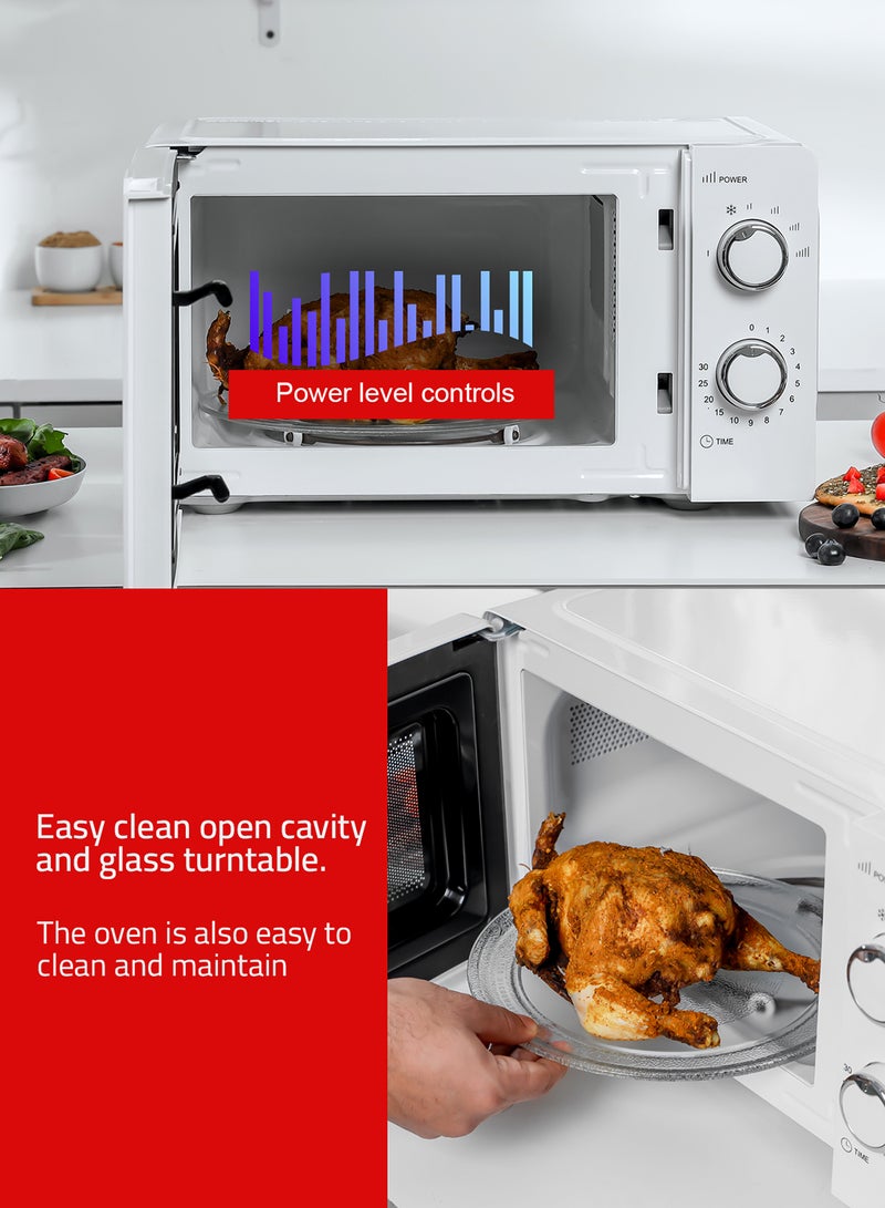 Microwave Oven with 5 Power Levels - Easy Reheating, Fast Defrost &Cooking End Signal with 30 Minute Timer Function - 2 Rotary Dials - Oven for Standard Size of Dinner Plate ,Chrome Knobs for Durability 20 L 1100 W GMO1899-20LS White