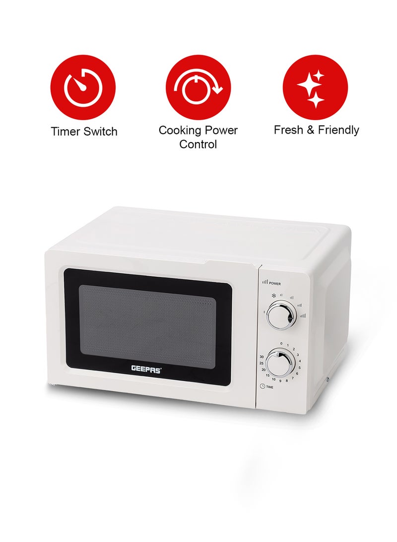 Microwave Oven with 5 Power Levels - Easy Reheating, Fast Defrost &Cooking End Signal with 30 Minute Timer Function - 2 Rotary Dials - Oven for Standard Size of Dinner Plate ,Chrome Knobs for Durability 20 L 1100 W GMO1899-20LS White