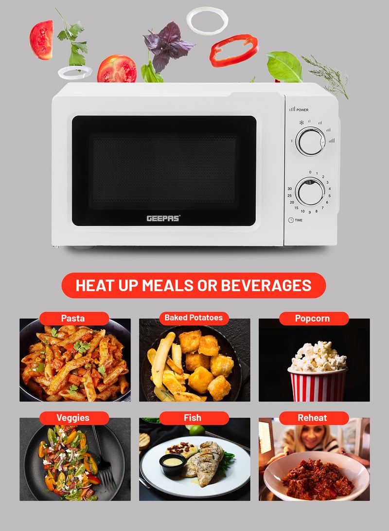 Microwave Oven with 5 Power Levels - Easy Reheating, Fast Defrost &Cooking End Signal with 30 Minute Timer Function - 2 Rotary Dials - Oven for Standard Size of Dinner Plate ,Chrome Knobs for Durability 20 L 1100 W GMO1899-20LS White