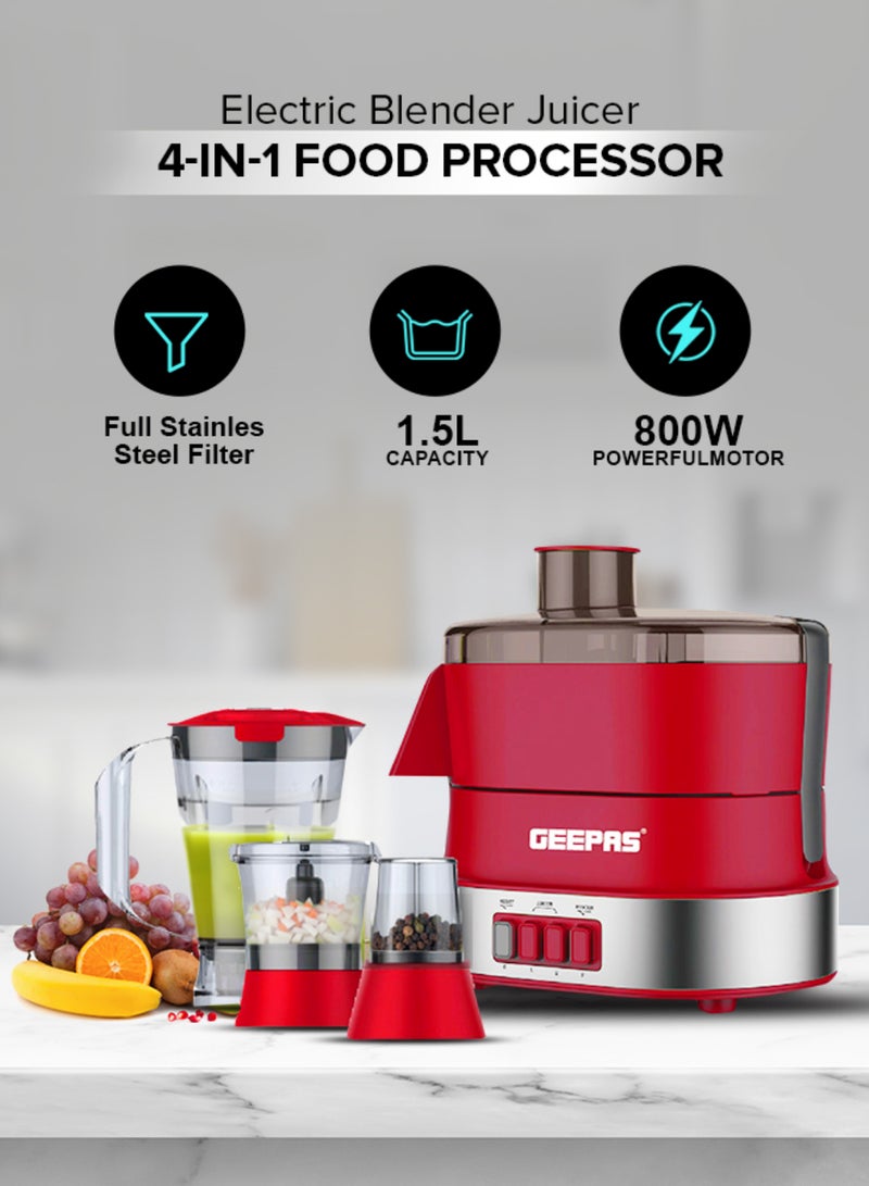 4-in-1 Food Processor Electric Blender Juicer, 2-Speed with Pulse Function & Safety Interlock |Juicer, Blender & Coffee Mill Included 1.5 L 600 W GSB9990 Red/Silver