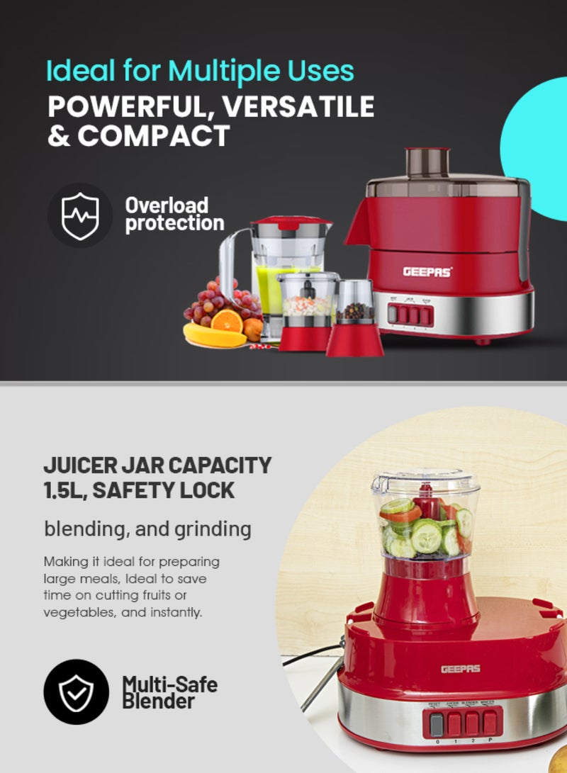 4-in-1 Food Processor Electric Blender Juicer, 2-Speed with Pulse Function & Safety Interlock |Juicer, Blender & Coffee Mill Included 1.5 L 600 W GSB9990 Red/Silver