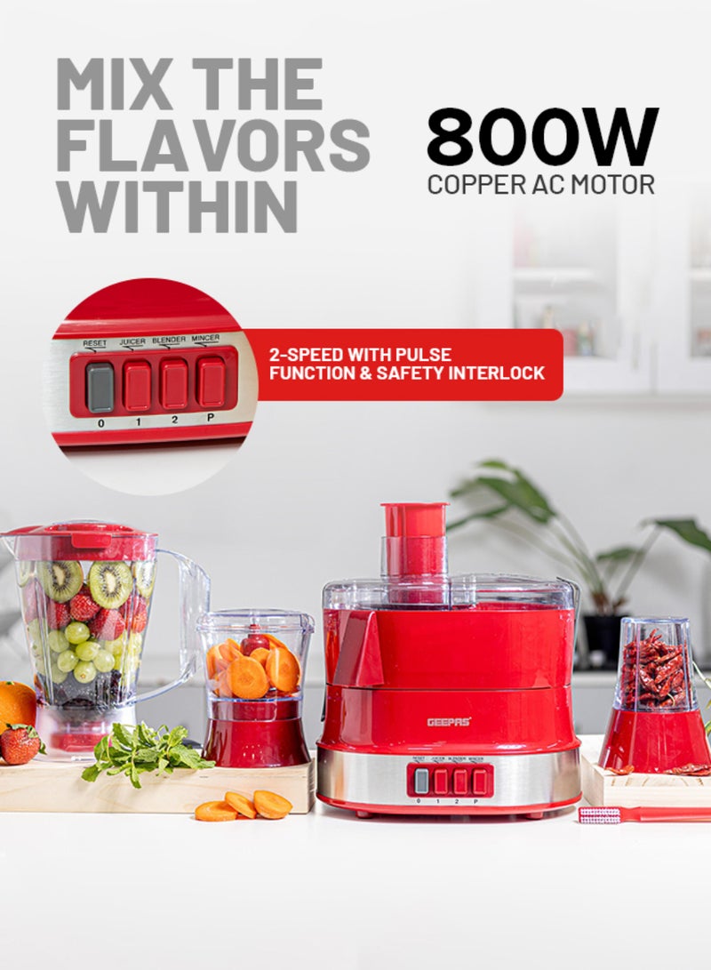 4-in-1 Food Processor Electric Blender Juicer, 2-Speed with Pulse Function & Safety Interlock |Juicer, Blender & Coffee Mill Included 1.5 L 600 W GSB9990 Red/Silver