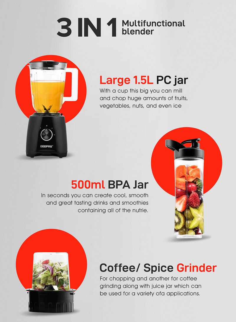 Multi functional Super Blender with 2 speed and Pulse Function Coffee/Spice Grinder Mill & Food Jug Blender 1.5 L 500 W GSB44033N Black/Clear